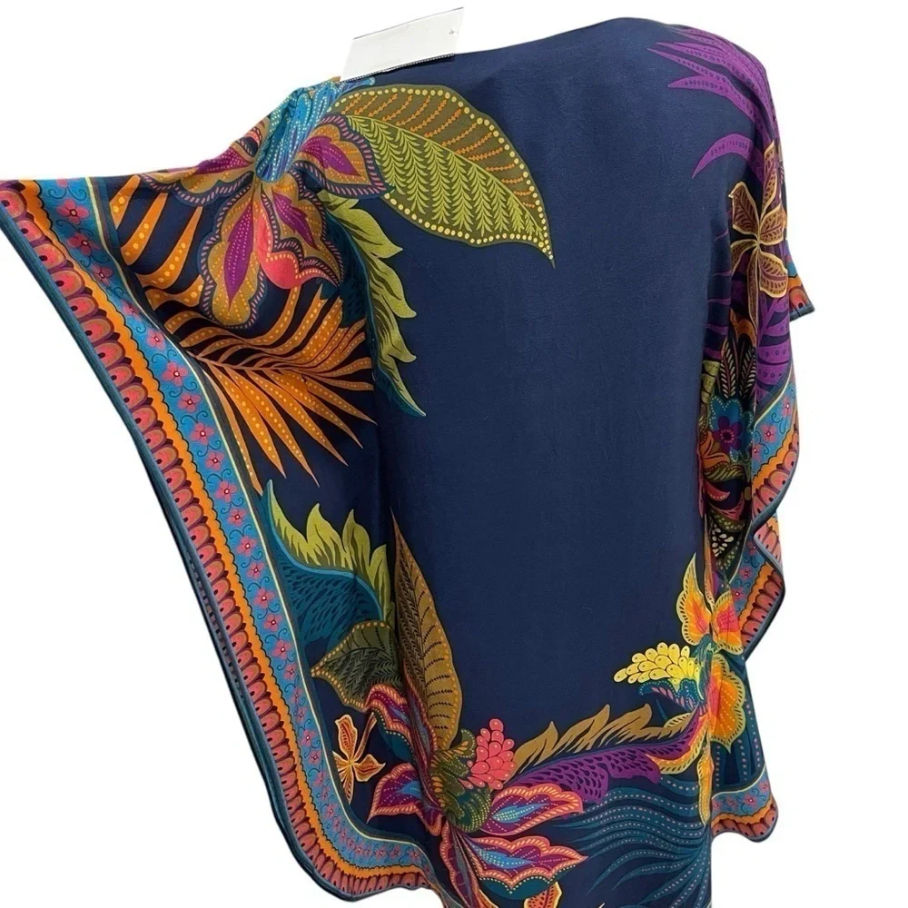 Trina Turk Global Silk Caftan Dress Womens Extra Small Navy Floral Tropical $398 - Picture 11 of 14
